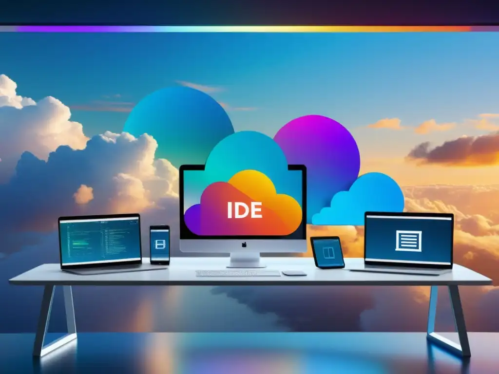Vista panorámica de un moderno IDE en la nube de código abierto con diseño minimalista y funciones de colaboración en tiempo real
