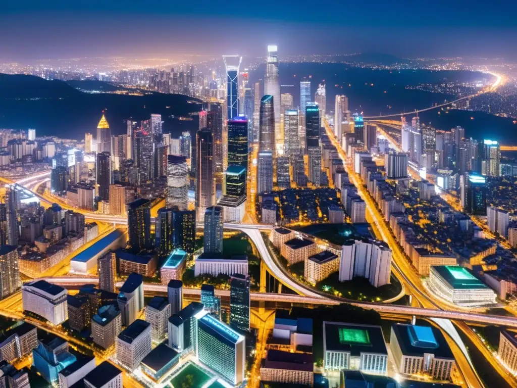 Vista panorámica nocturna de una bulliciosa metrópolis, con luces de la ciudad como un mosaico vibrante