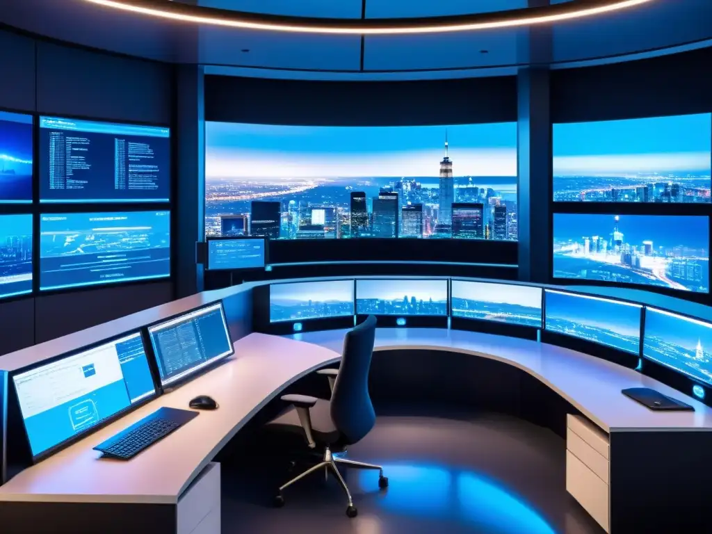 Vista panorámica nocturna de sala de control futurista con tecnología avanzada y equipo trabajando en la automatización de cumplimiento de seguridad