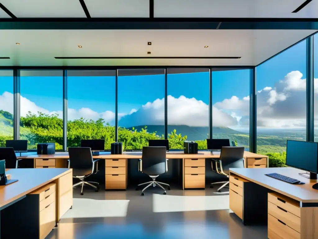 Vista panorámica de una oficina moderna con servidores de nube híbrida integrados con elementos naturales y luces LED