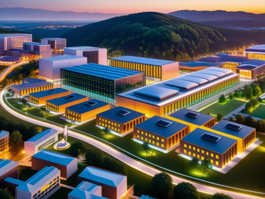 Vista panorámica de una universidad al atardecer, con arquitectura moderna y red de servidores