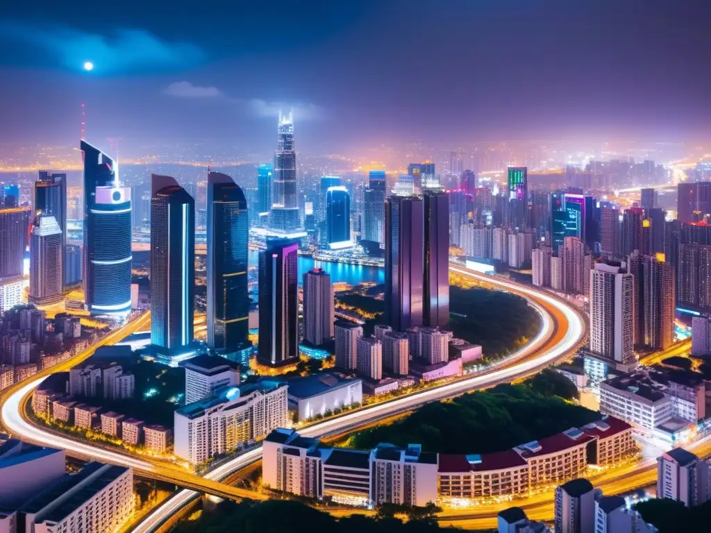 Vista panorámica de la vibrante ciudad de noche, con luces de neón iluminando rascacielos y calles