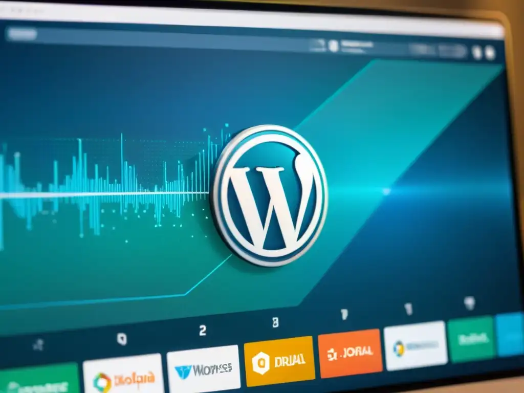 Vista de pantalla de computadora con dashboard moderno y logos de software de código abierto como WordPress, Joomla y Drupal