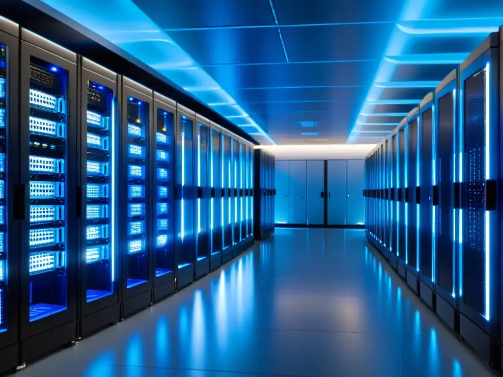 Vista de sala de servidores moderna y futurista con iluminación azul, reflejando la temática de 'Hardening de sistemas con herramientas open source'