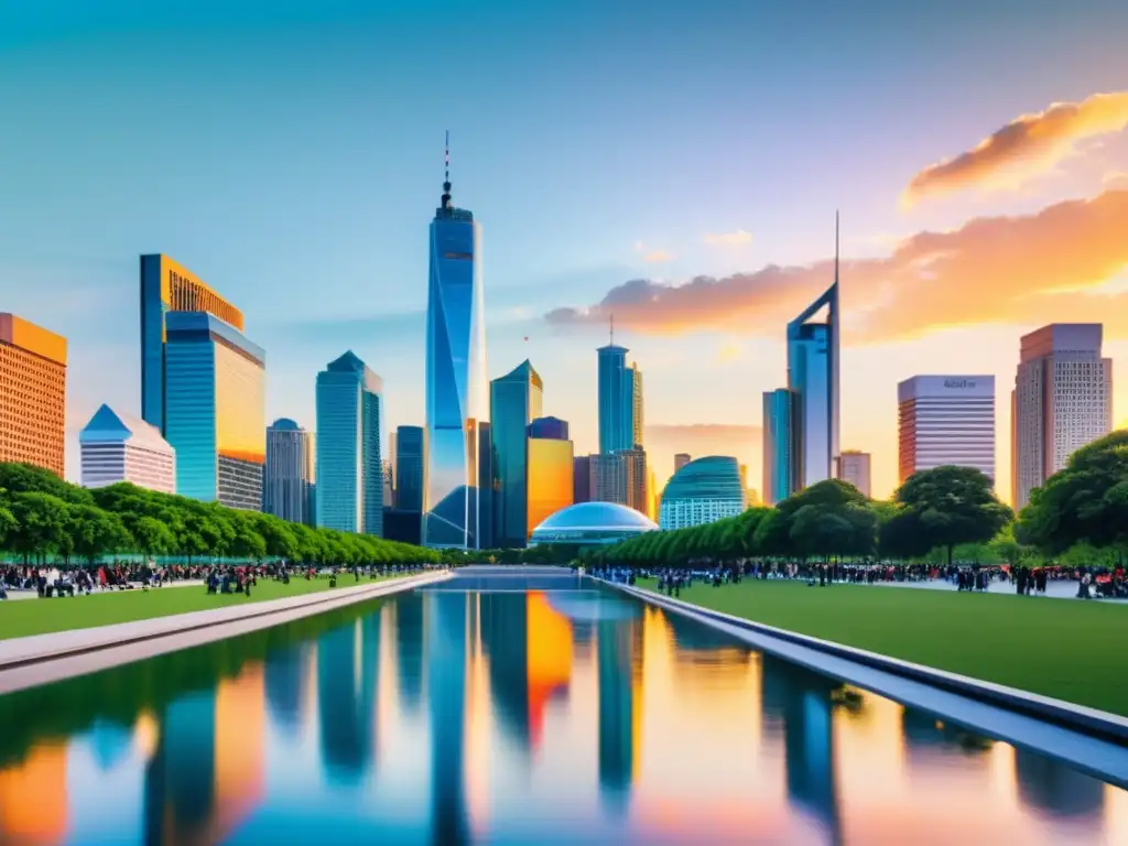 Vista urbana con rascacielos de cristal reflejando el atardecer, un parque lleno de gente y edificios gubernamentales