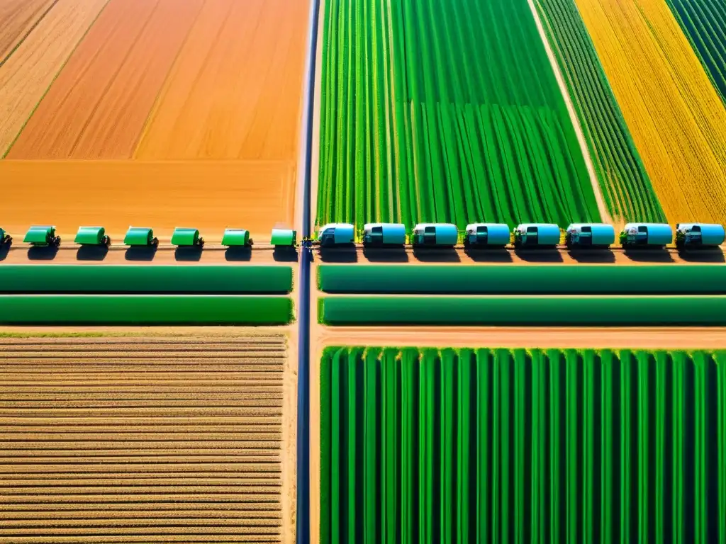 Una vista vibrante de un campo agrícola tecnológicamente avanzado, con equipos automatizados y sistemas de riego preciso