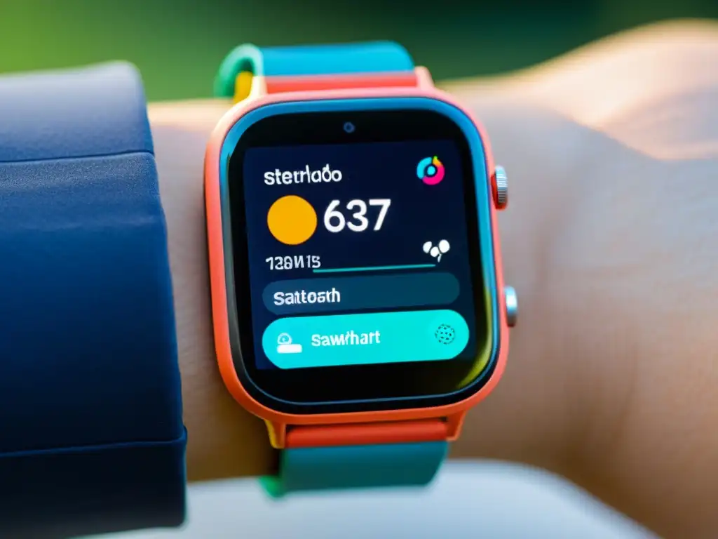 Un vistazo detallado al smartwatch con la interfaz de AsteroidOS, mostrando colores vibrantes, íconos nítidos y diseño elegante