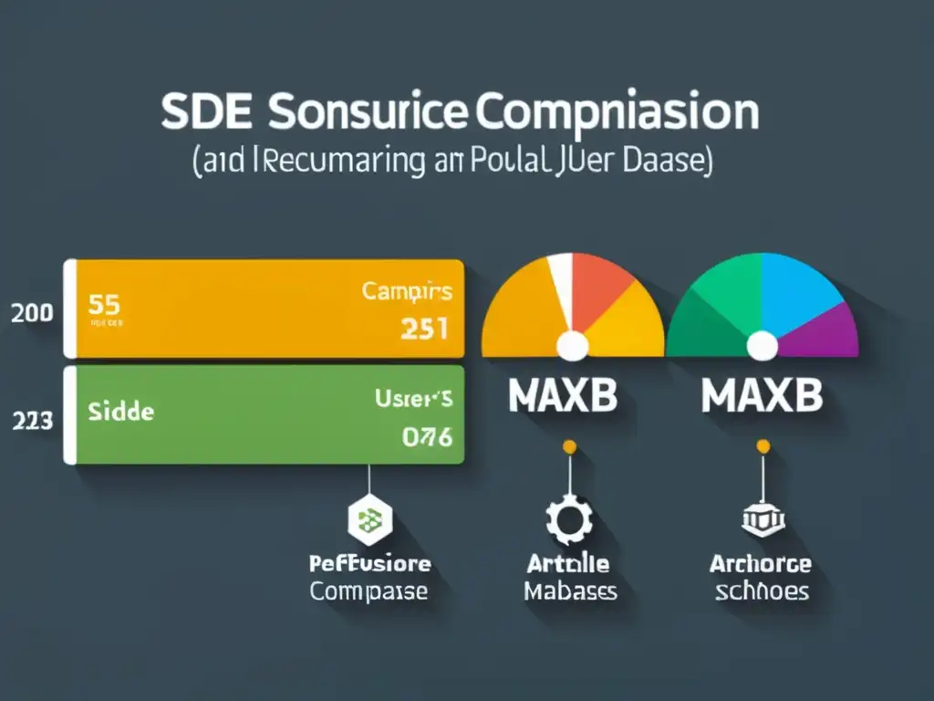 Comparación visual de Base de datos de código abierto MaxDB con otras opciones, destacando características, rendimiento y diseño