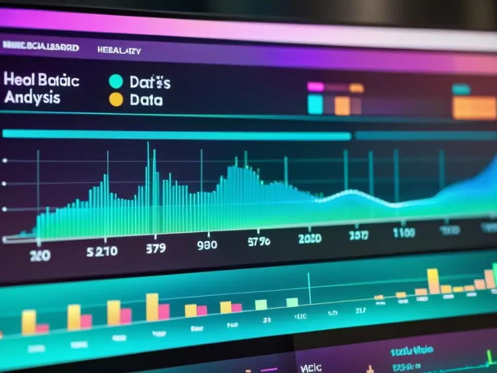 Visual futurista de dashboard médico con gráficos vibrantes y profesionales colaborando