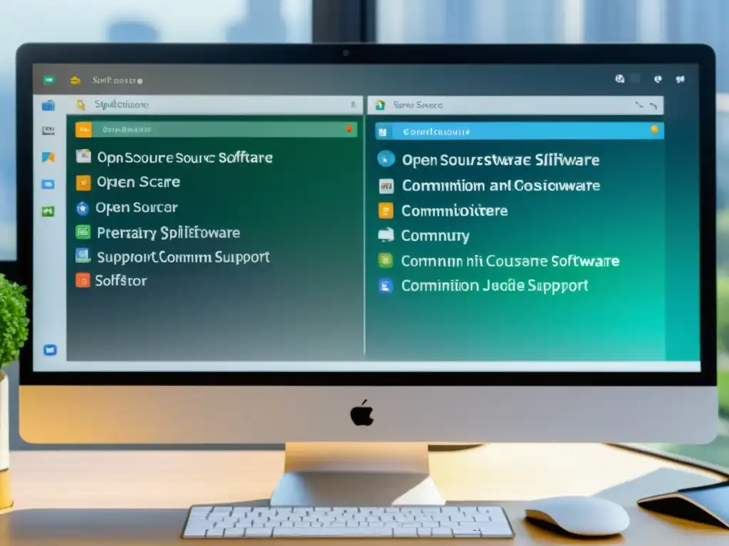 Comparación visual de software de código abierto y software propietario, resaltando ventajas y desafíos