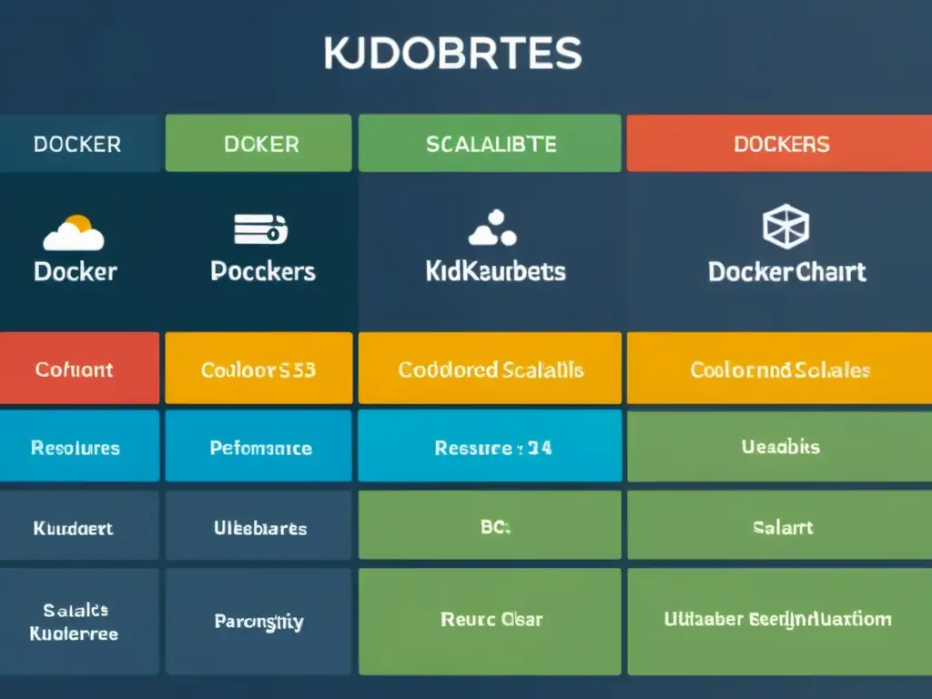 Comparación visual de ventajas de usar Docker y Kubernetes en la nube, con colores vibrantes y diseño futurista