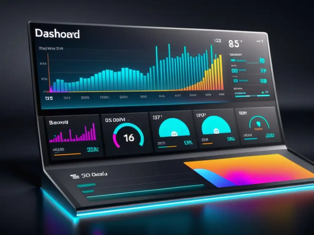 Una visualización de datos con herramientas de código abierto: un elegante y futurista panel con vibrantes gráficos y algoritmos de IA, en un diseño minimalista de alta tecnología sobre un fondo oscuro con acentos de neón