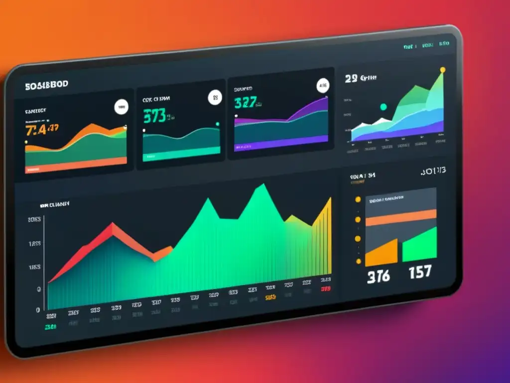 Una visualización de datos con herramientas de código abierto que muestra gráficos dinámicos y coloridos en un diseño minimalista y futurista