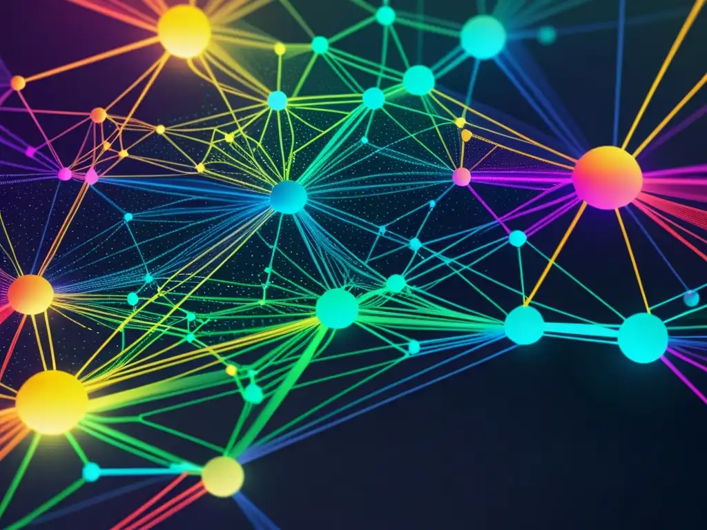 Una visualización detallada y colorida del tráfico de red, con nodos interconectados y datos fluyendo entre ellos