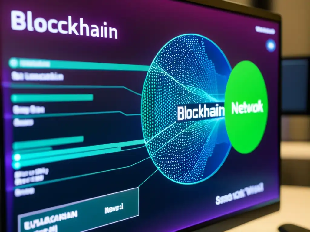 Una visualización detallada de una red blockchain con nodos e bloques de datos interconectados