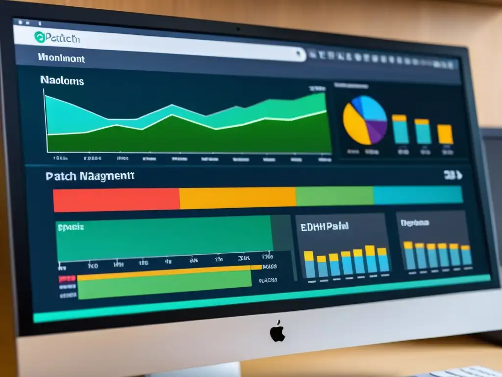 Una visualización detallada y vibrante de un panel de gestión de parches con Spacewalk, con gráficos coloridos y estadísticas detalladas