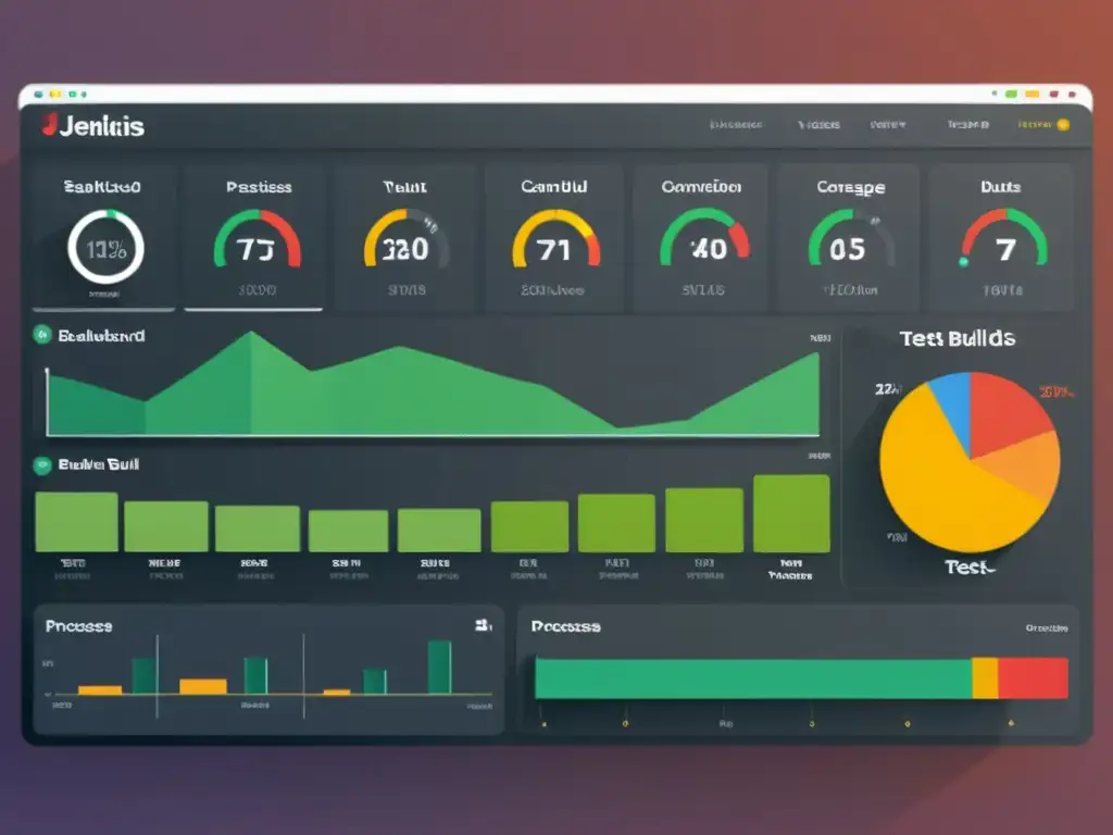 Una visualización sofisticada de un panel de Jenkins que muestra procesos automatizados con gráficos detallados y una interfaz moderna y elegante