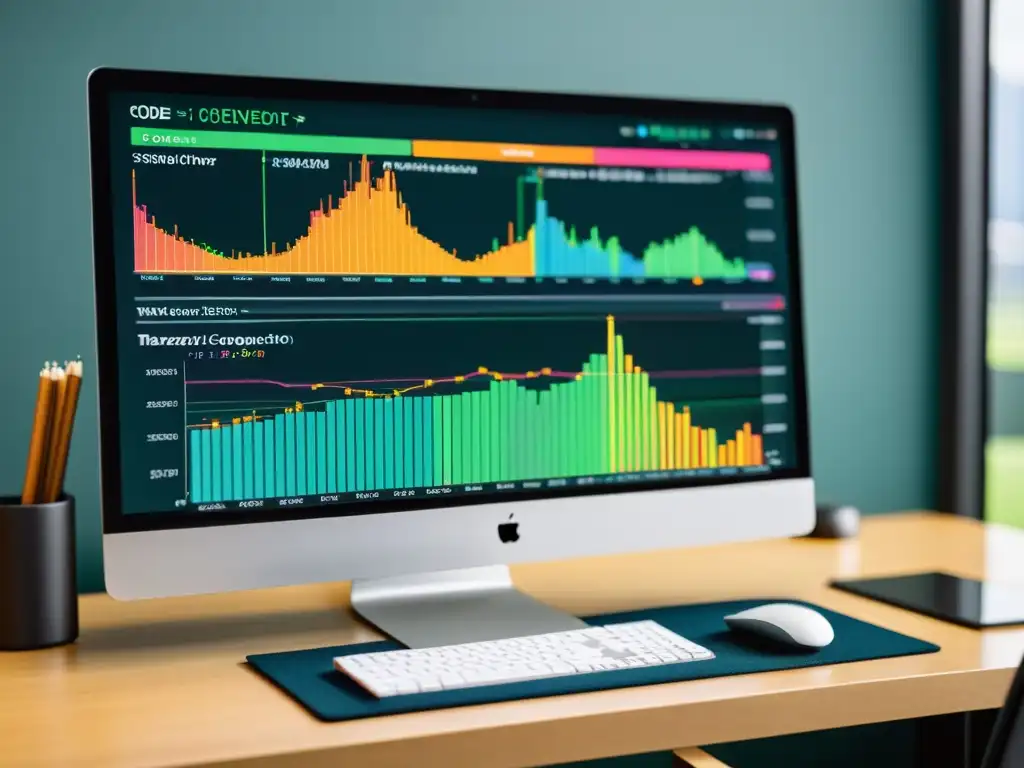 Visualizaciones dinámicas de métricas de cobertura de código, rodeadas de un espacio de trabajo moderno