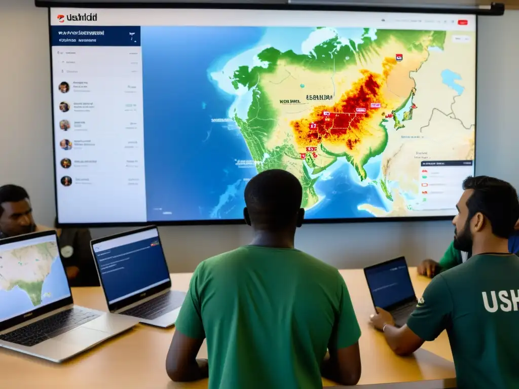 Voluntarios coordinando respuestas tecnológicas rápidas en desastres naturales con herramientas de comunicación de código abierto como Ushahidi