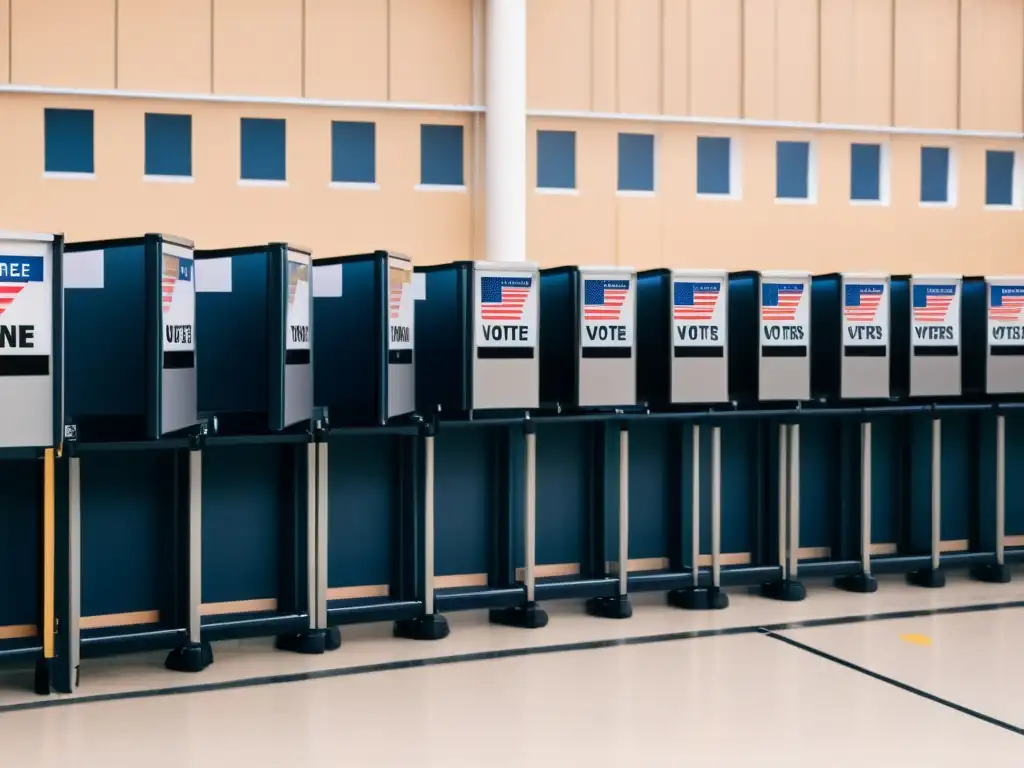 Votantes de diversas edades y etnias esperan en fila en una estación electoral moderna, con tecnología accesible