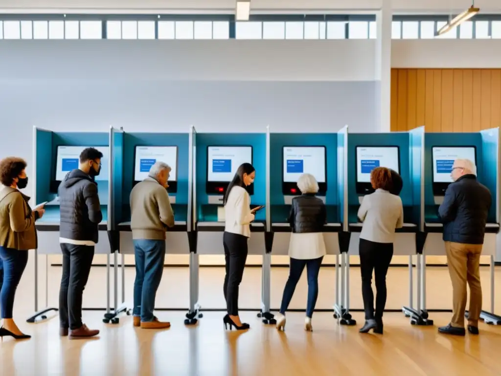 Votantes de diversas edades y trasfondos usan máquinas de votación de software libre en una estación moderna y luminosa, promoviendo elecciones democráticas inclusivas y transparentes